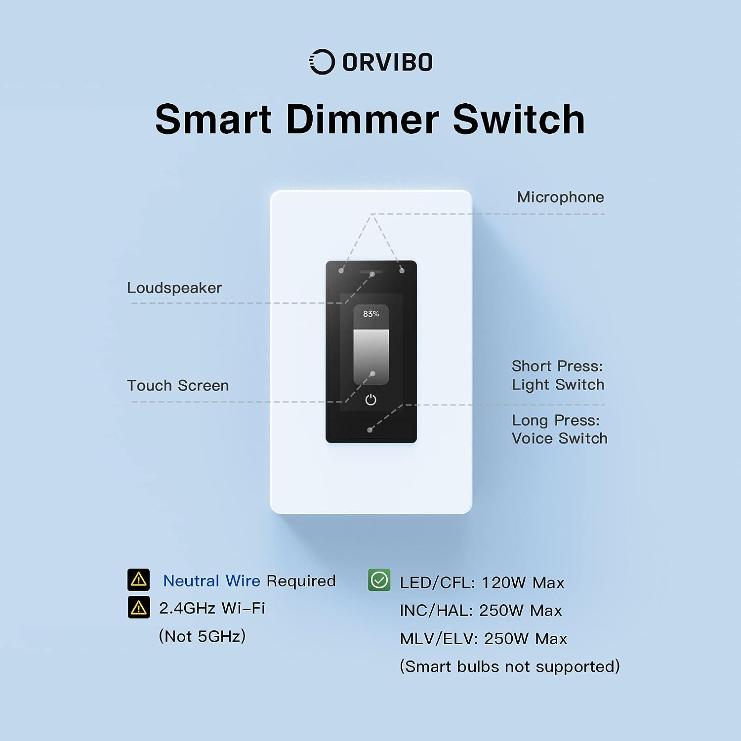 ORVIBO Smart Touchscreen Dimmer Switch, 2.4GHz WiFi Dimmer Switch with Home Talk